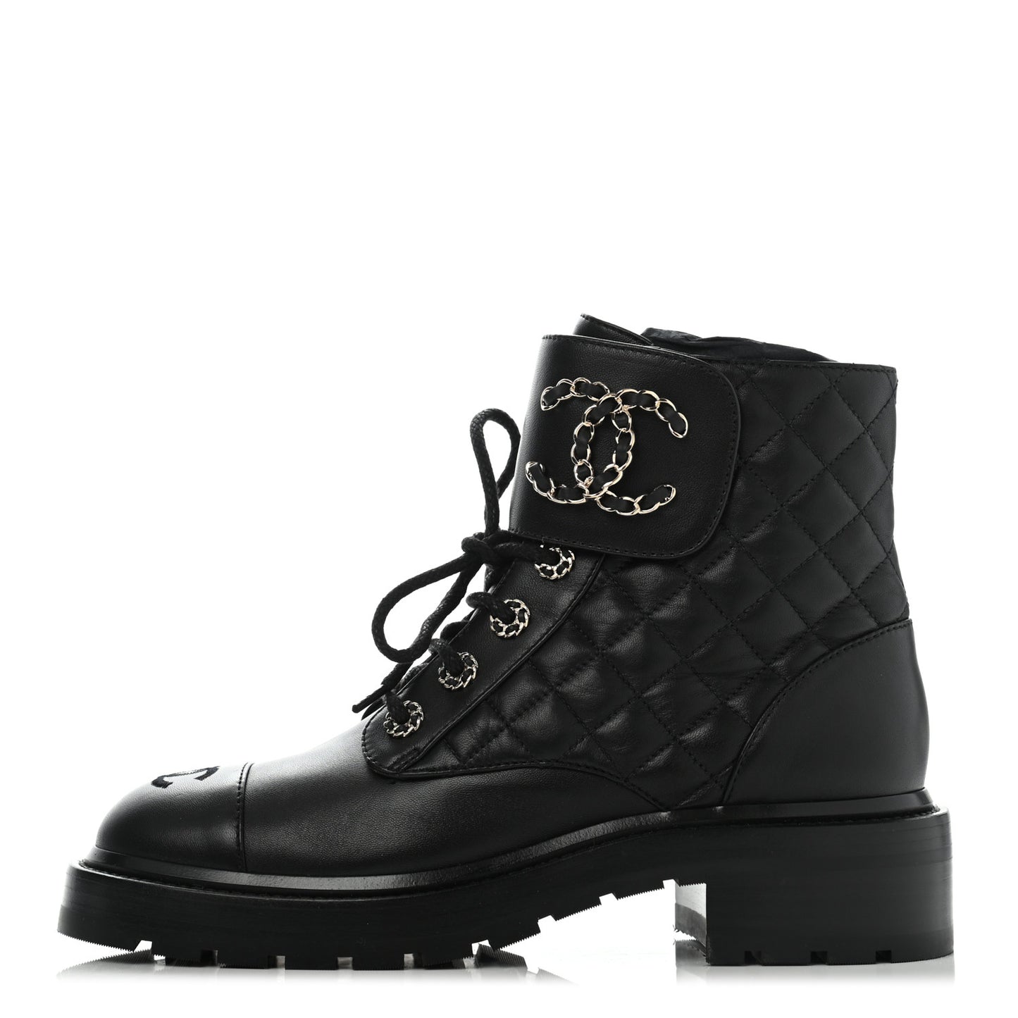 Shiny Lambskin Quilted Lace Up Combat Boots 38 Black