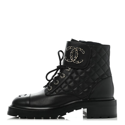 Chanel Shiny Lambskin Quilted Lace Up Combat Boots 38 Black 1 of 11