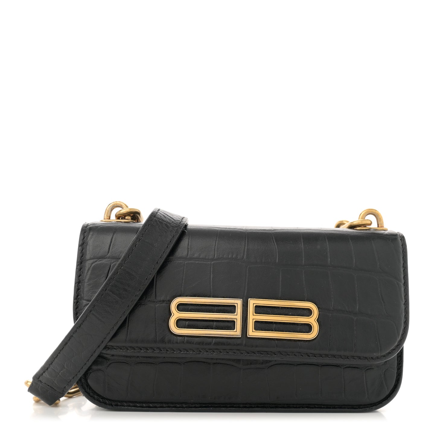 Extra Supple Calfskin Crocodile Embossed Gossip Wallet On Chain Black