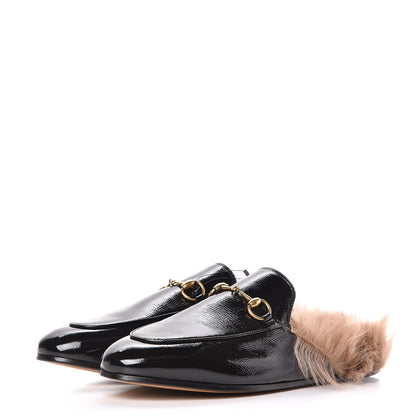 Gucci Patent Fur Womens Princetown Slippers 39 Black Natural 3 of 9