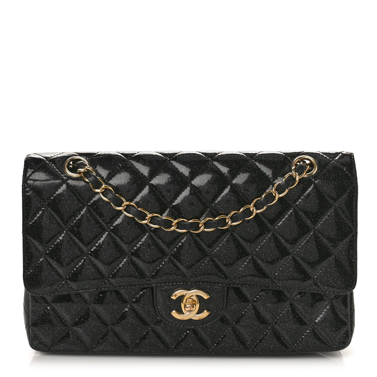 Patent Quilted Sparkle Glitter Medium Double Flap Black