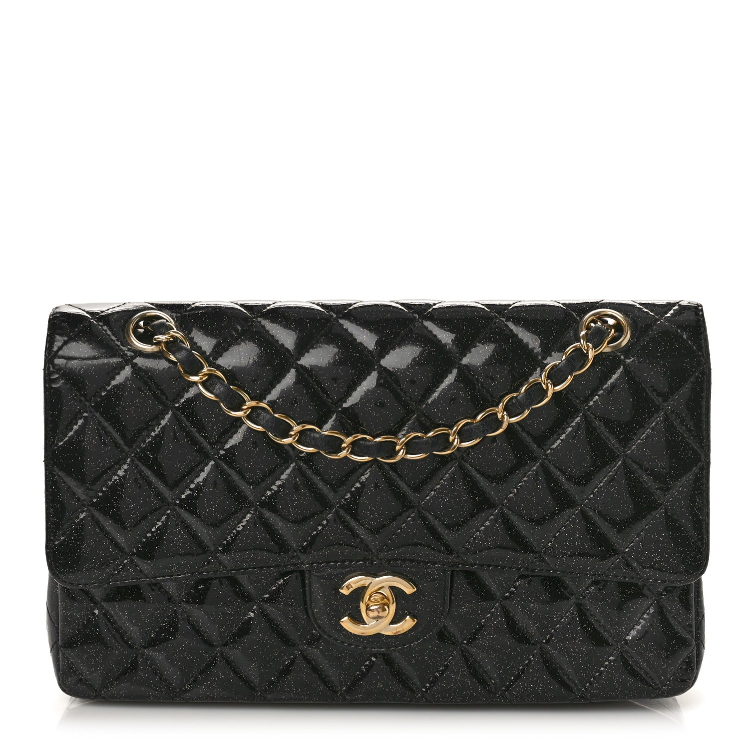 Chanel Patent Quilted Sparkle Glitter Medium Double Flap Black 1 of 14