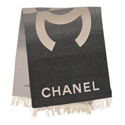 Chanel Cashmere Silk Logo Fringe Stole Beige Anthracite 2 of 3