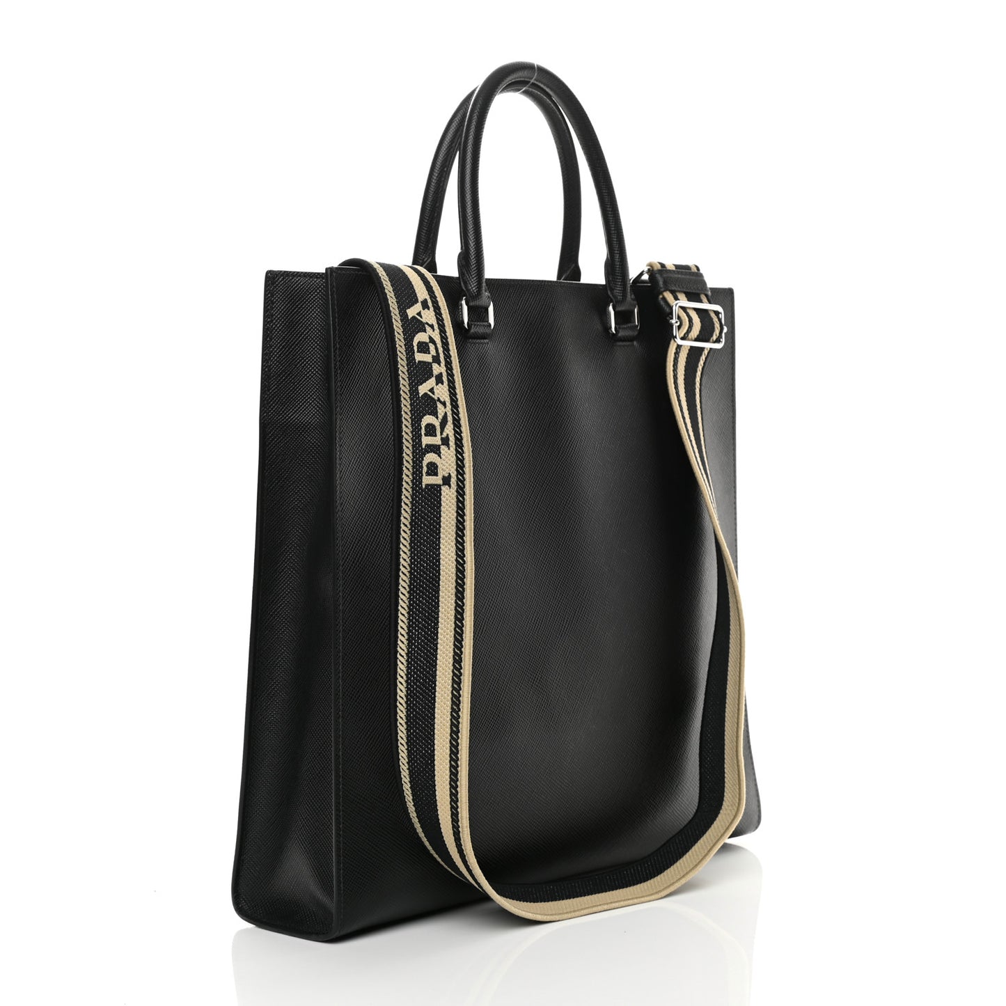 Saffiano Cuir Triangle Logo Embossed Vertical Tote Black