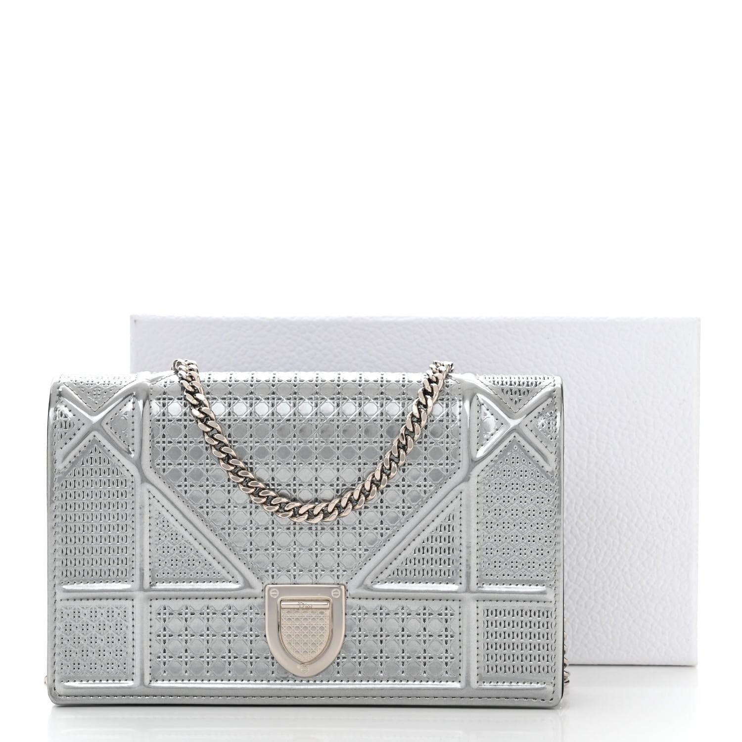 Christian Dior Metallic Patent Micro-Cannage Diorama Wallet on Chain Pouch Silver 11 of 11