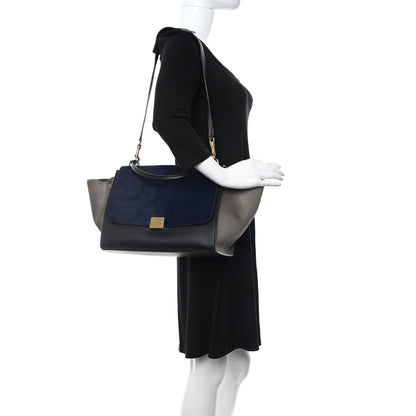Celine Pony Hair Smooth Calfskin Tri-Color Medium Trapeze Blue Taupe Black 2 of 11