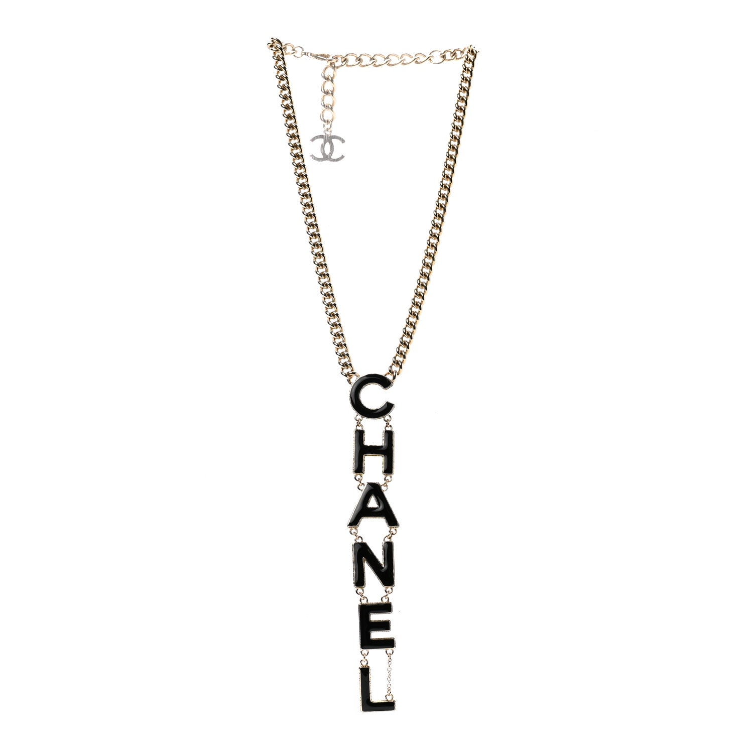 Chanel Enamel Logo Chain Necklace Black Gold 3 of 7