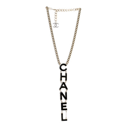 Chanel Enamel Logo Chain Necklace Black Gold 3 of 7