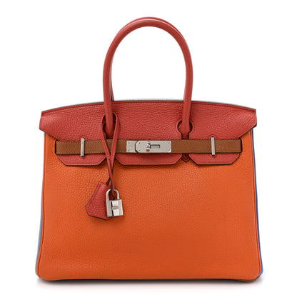Hermes Taurillon Clemence Arlequin Birkin 30 Orange Sanguine Gold Bleu Lin Bleu Hydra Etain 1 of 17