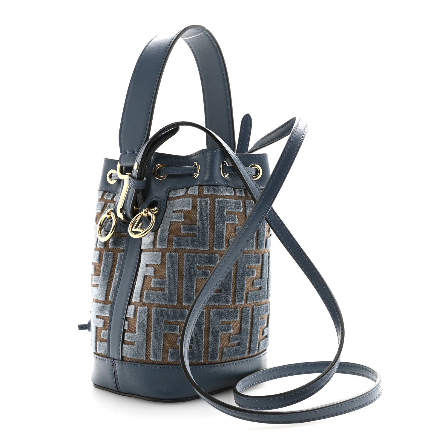 Fendi Vitello Grace Velluto FF Mini Mon Tresor Bucket Bag Dusty Blue Brown 3 of 10