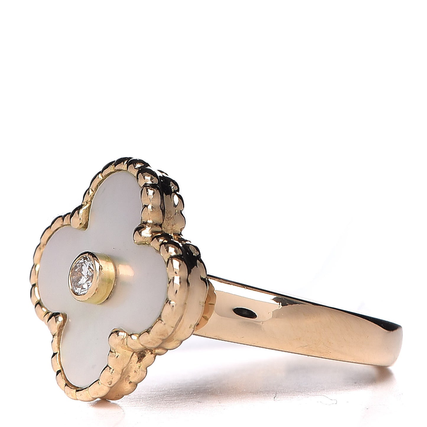 18K Yellow Gold Diamond Mother of Pearl Vintage Alhambra Ring 46 3.75