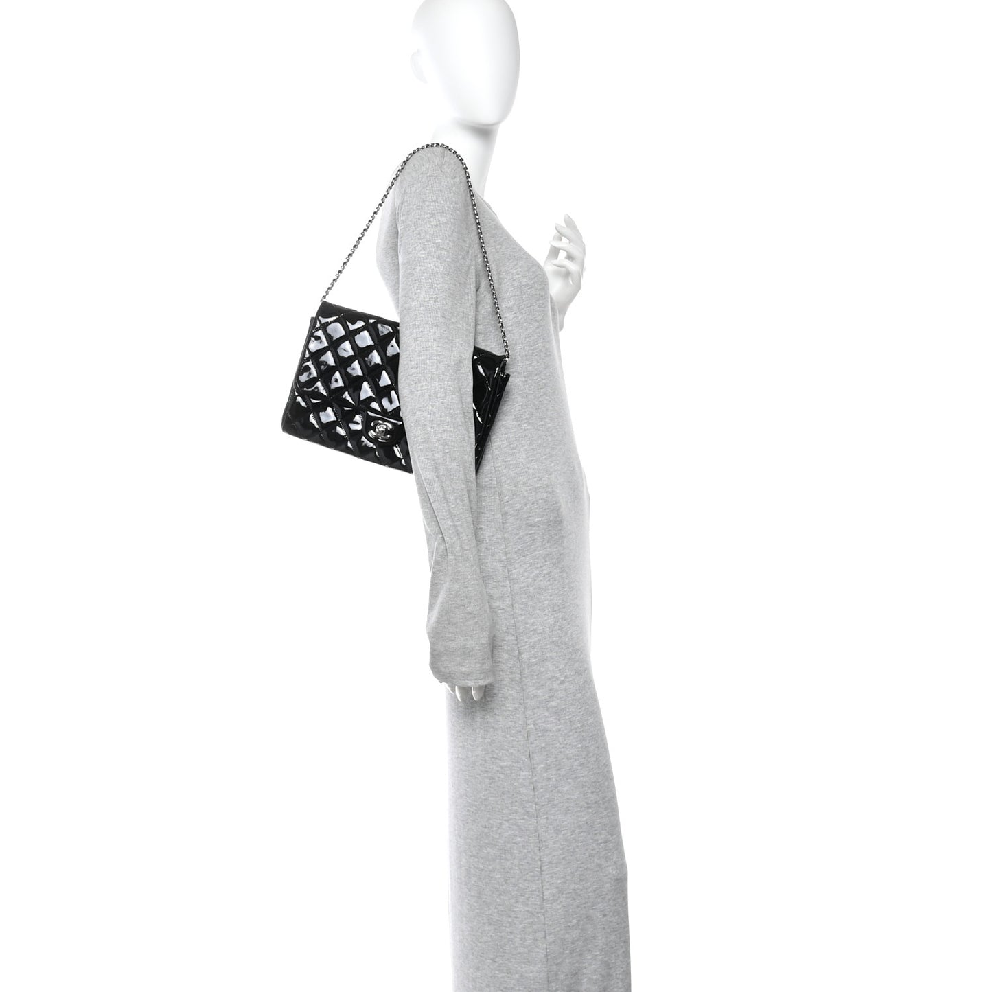 Patent Quilted Clutch with Chain Flap Black