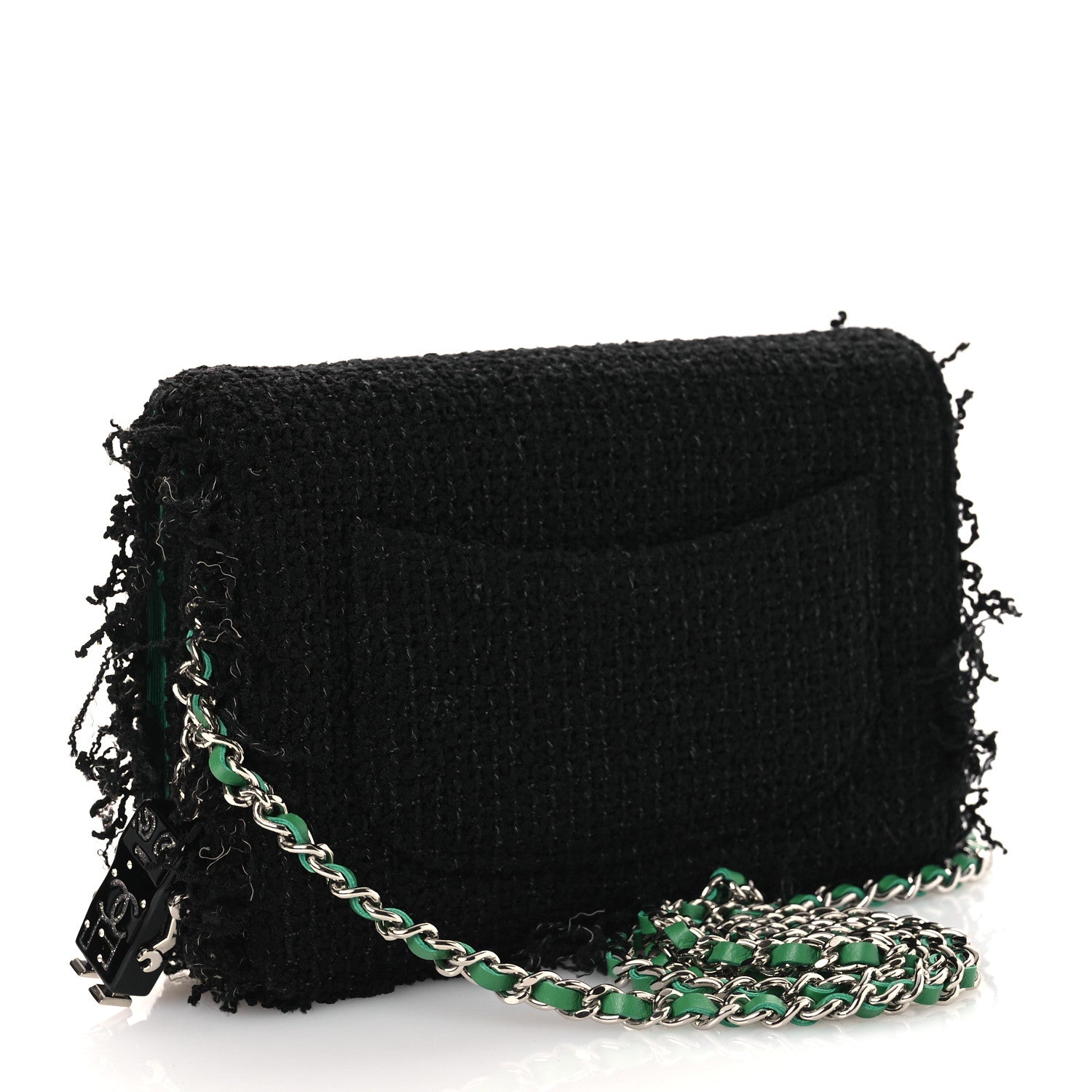 Chanel Tweed Fringe Wallet On Chain WOC Black Green 3 of 11