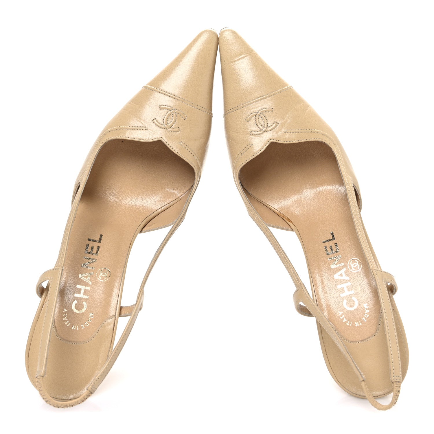 Chanel Lambskin Pointed Toe CC Slingback Heels 37 Beige 1797424