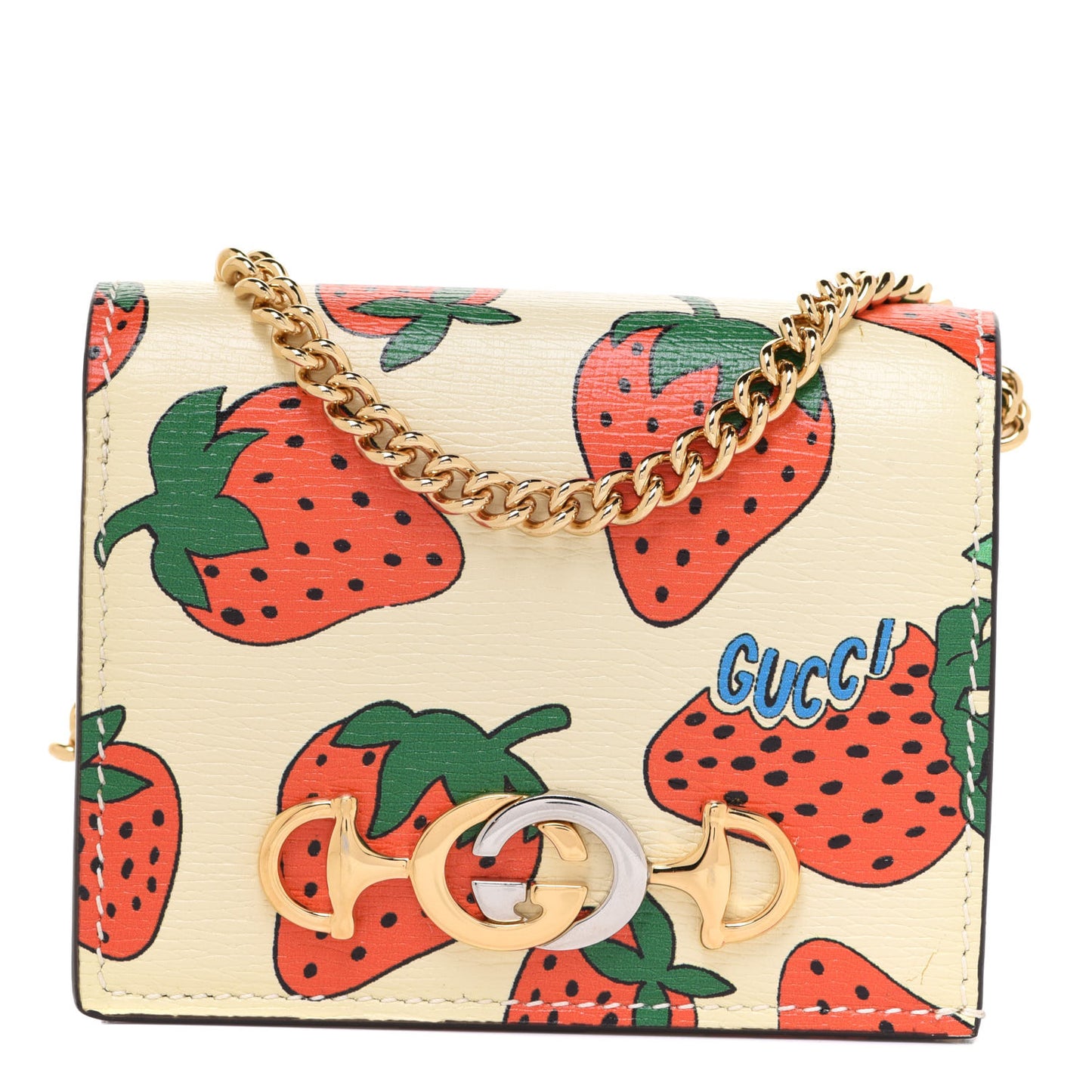 Calfskin Strawberry Print Zumi Chain Card Case Wallet Ivory Red