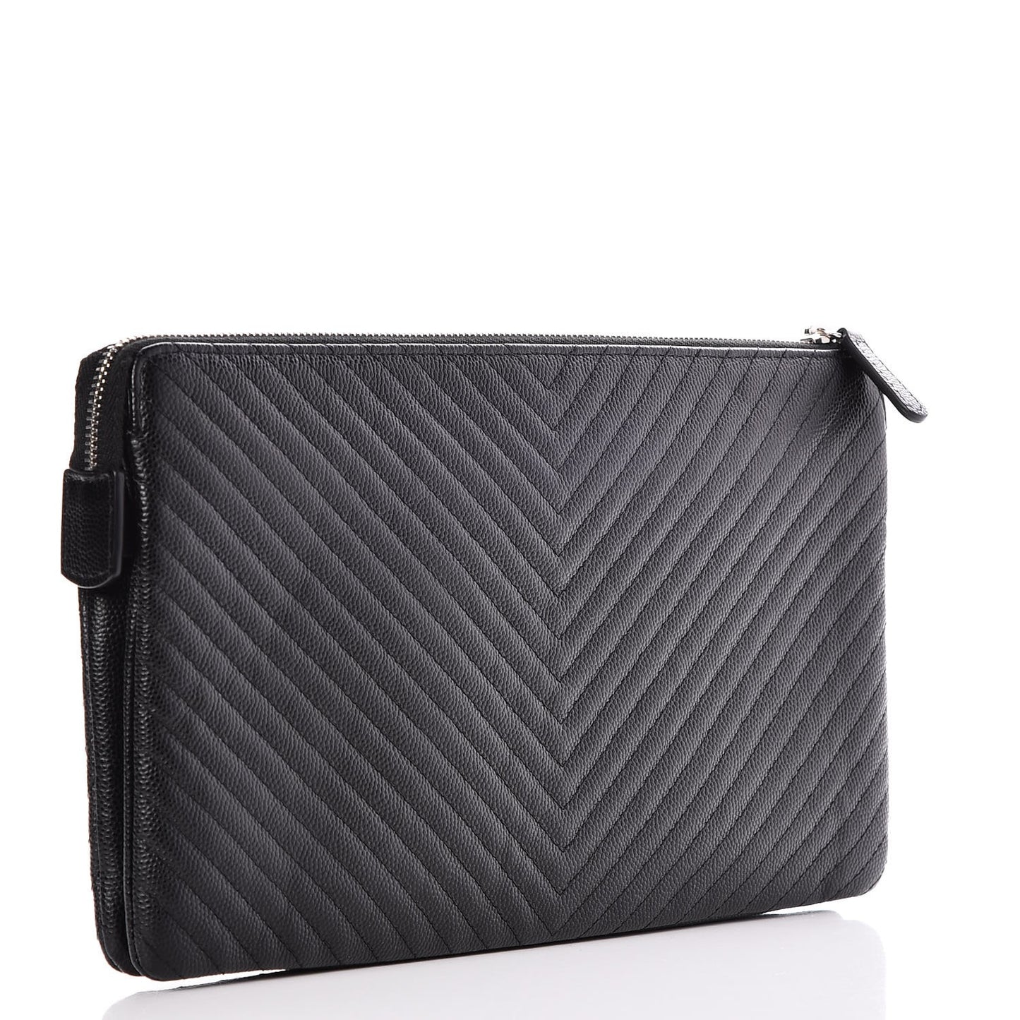 Caviar Chevron Quilted Large Zipped Clutch Black