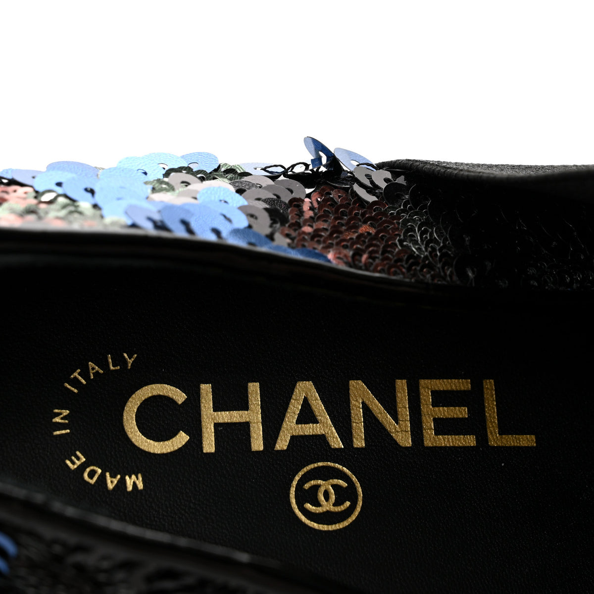 Patent Calfskin Sequin CC Cap Toe Womens Lace Up Oxfords 37.5 Blue Black