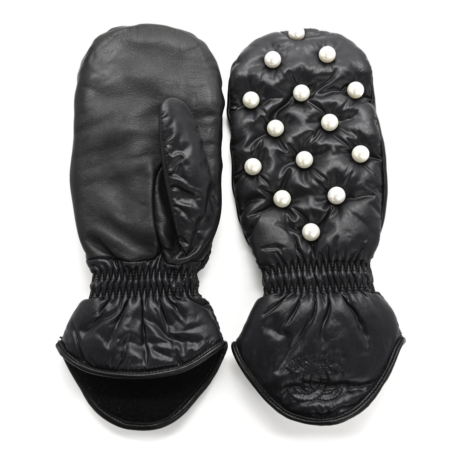 Chanel Lambskin Nylon Pearl CC Mittens 7.5 Black 2 of 5