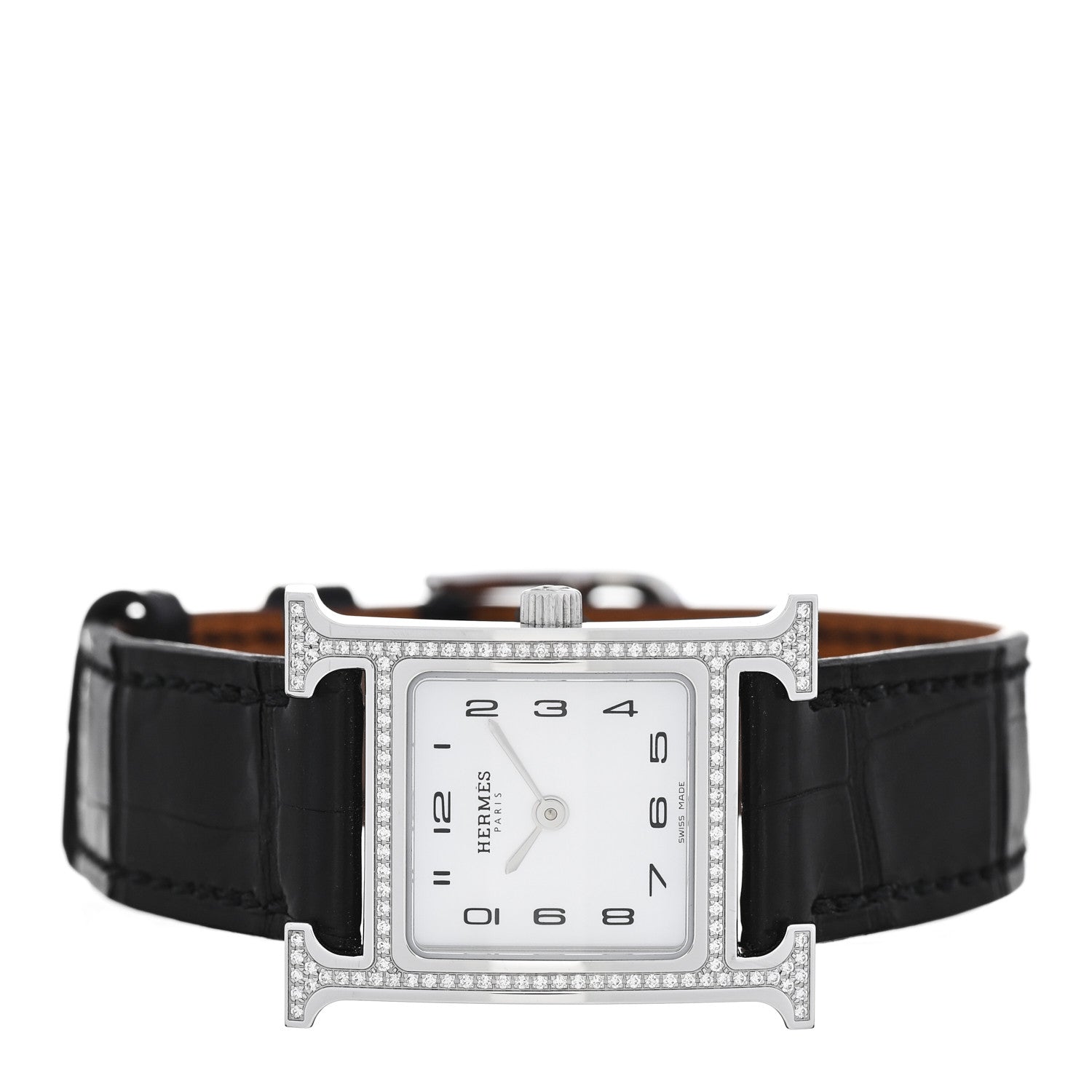 Hermes Stainless Steel Alligator Diamond Bezel Mother of Pearl 21mm Heure H Hour Quartz Watch Noir 2 of 5
