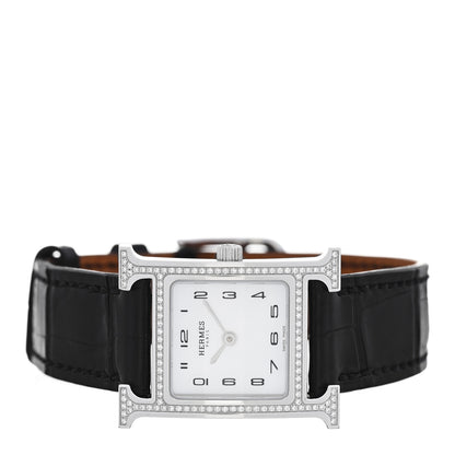 Hermes Stainless Steel Alligator Diamond Bezel Mother of Pearl 21mm Heure H Hour Quartz Watch Noir 2 of 5