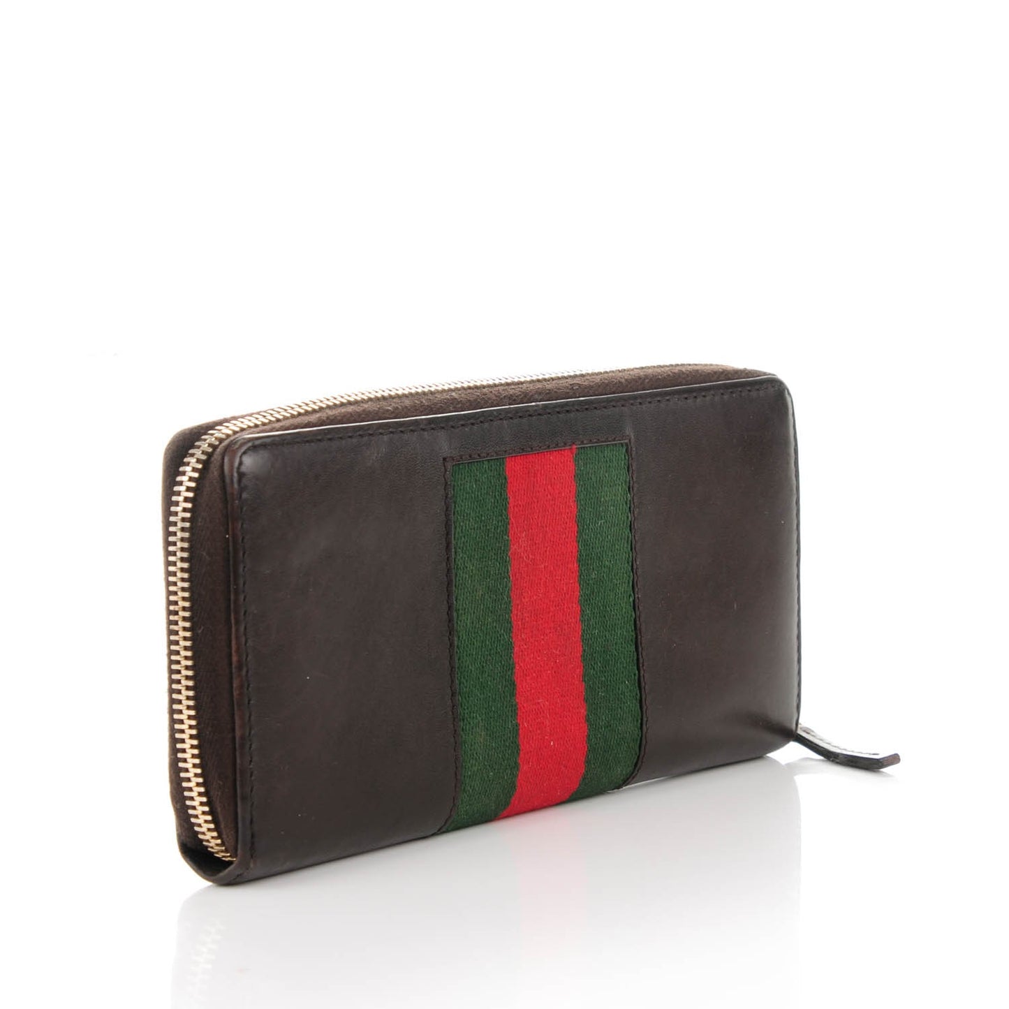 Calfskin Web Zip Around Wallet Dark Brown