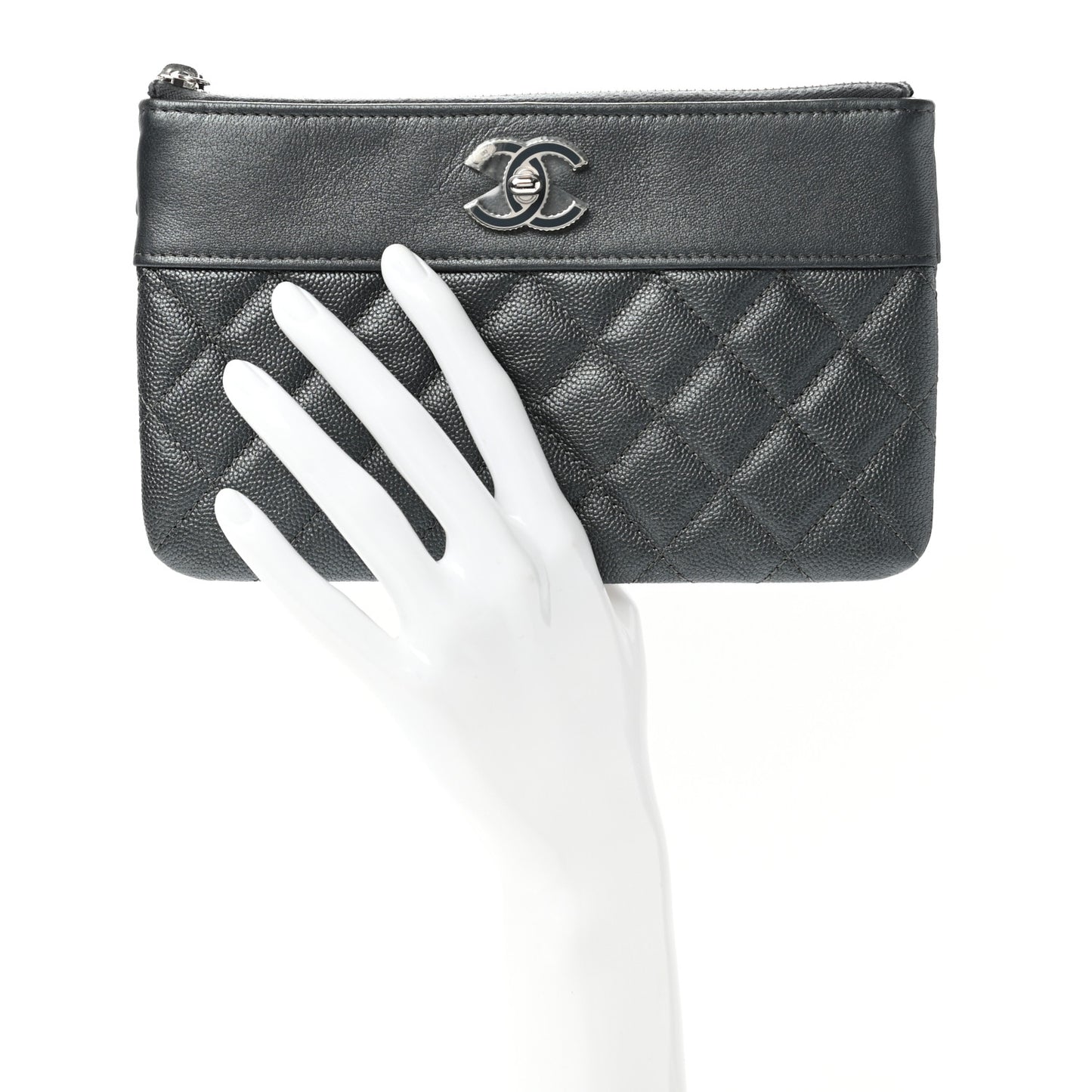 Metallic Caviar Quilted Mademoiselle Vintage Zip Pouch Dark Grey