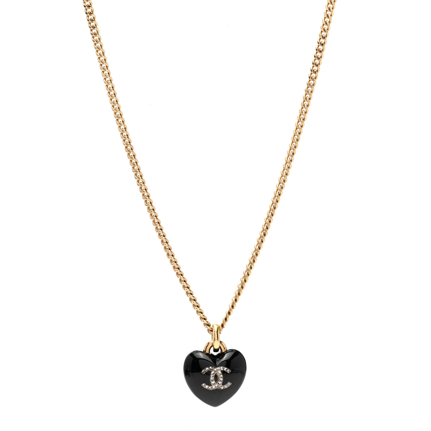 Chanel Resin Crystal CC Heart Necklace Black Gold 1 of 7