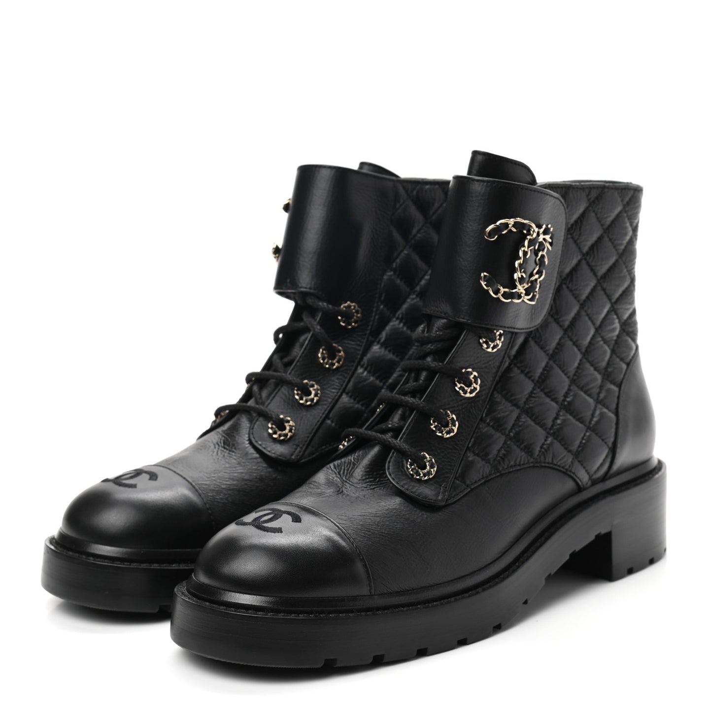 Shiny Goatskin Calfskin Quilted Lace Up Combat Boots 41.5 Black