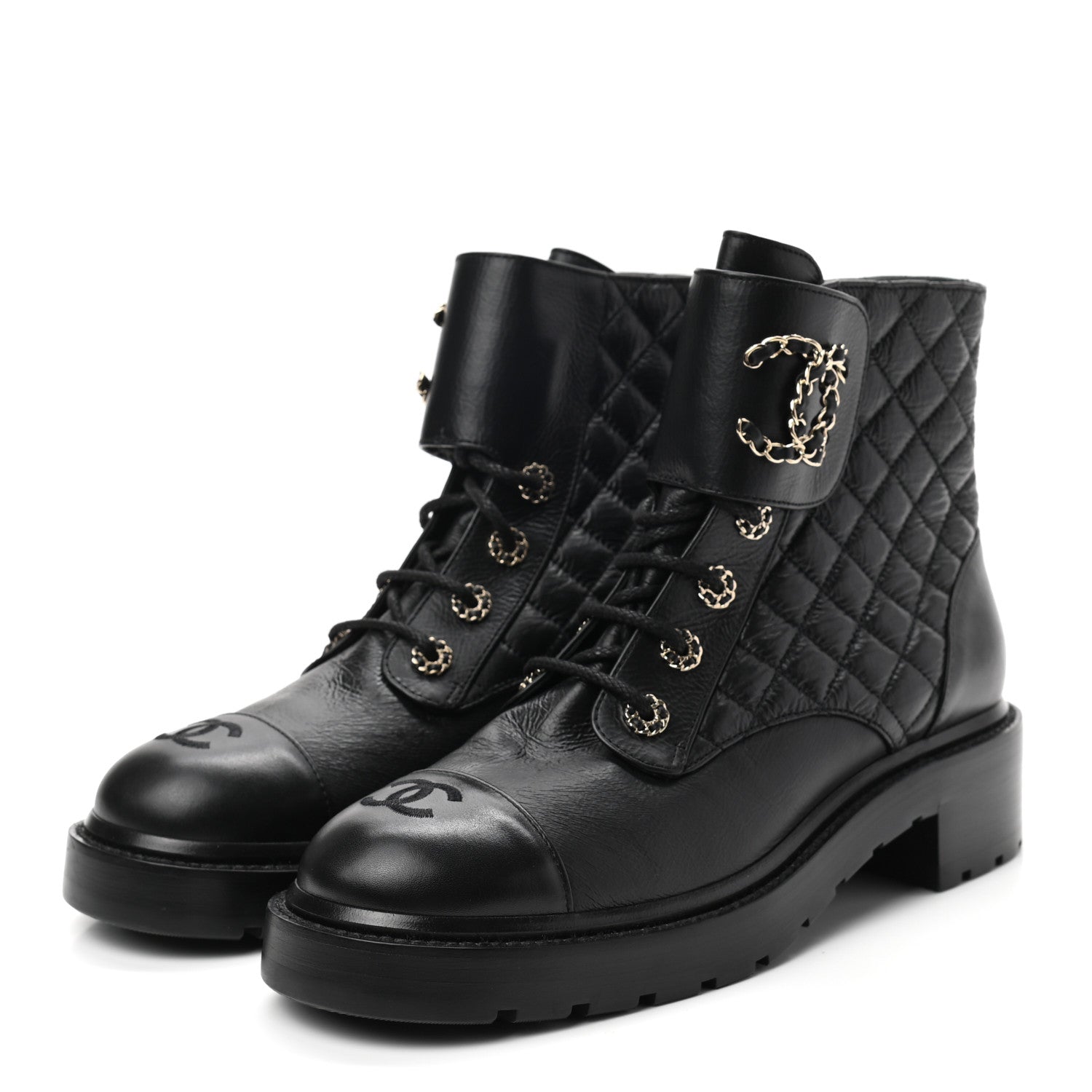 Chanel Shiny Goatskin Calfskin Quilted Lace Up Combat Boots 41.5 Black 3 of 8