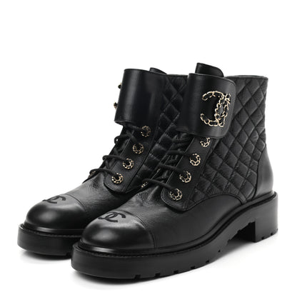 Chanel Shiny Goatskin Calfskin Quilted Lace Up Combat Boots 41.5 Black 3 of 8