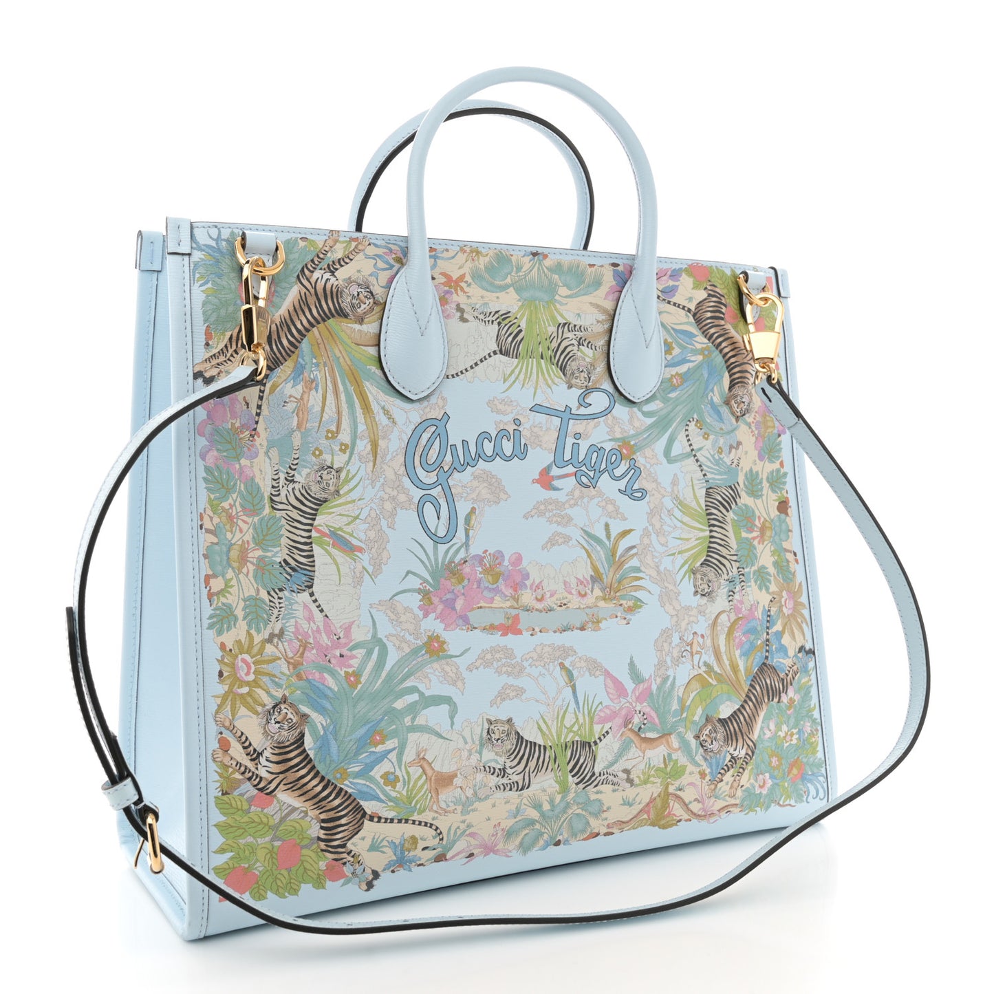 New Shangai Calfskin Tiger Savanah Textured Calfskin Medium Tote Chalky White Multicolor