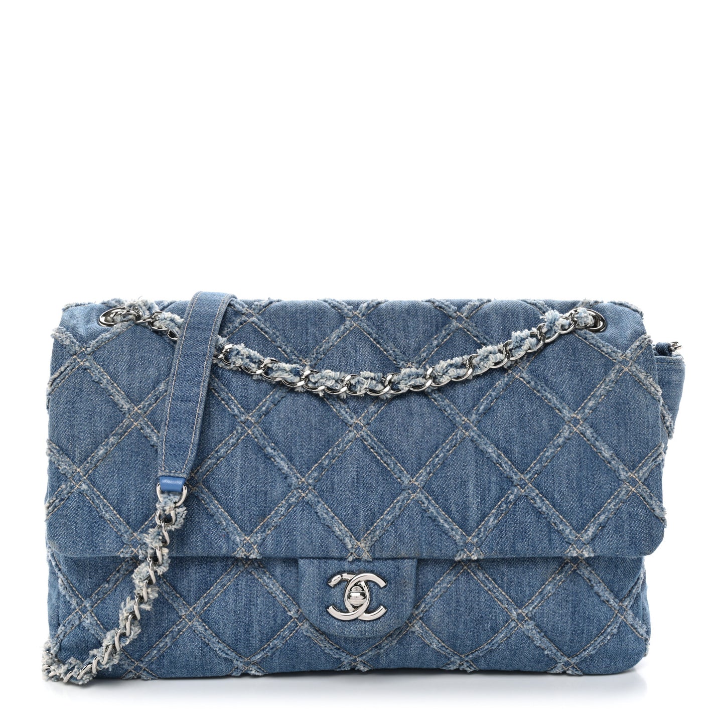 Frayed Denim Quilted Large Blue Chip Flap Blue