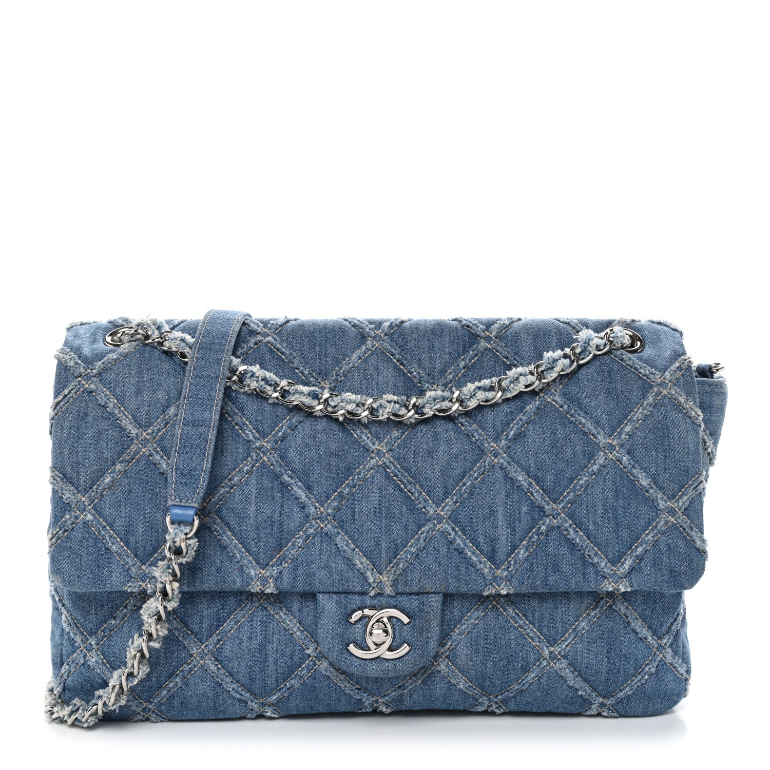 Chanel Frayed Denim Quilted Large Blue Chip Flap Blue 1 of 10