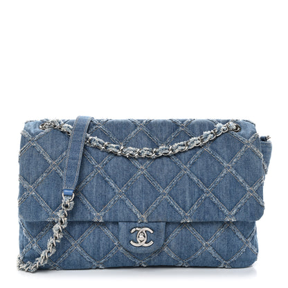 Chanel Frayed Denim Quilted Large Blue Chip Flap Blue 1 of 10