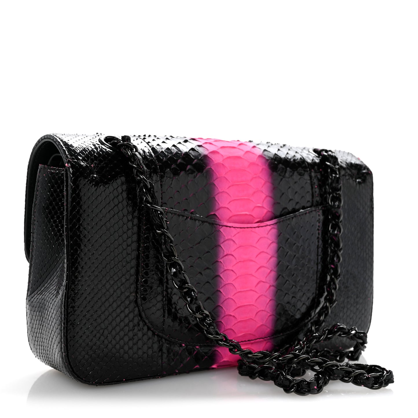 Snakeskin Medium Double Flap Black Pink