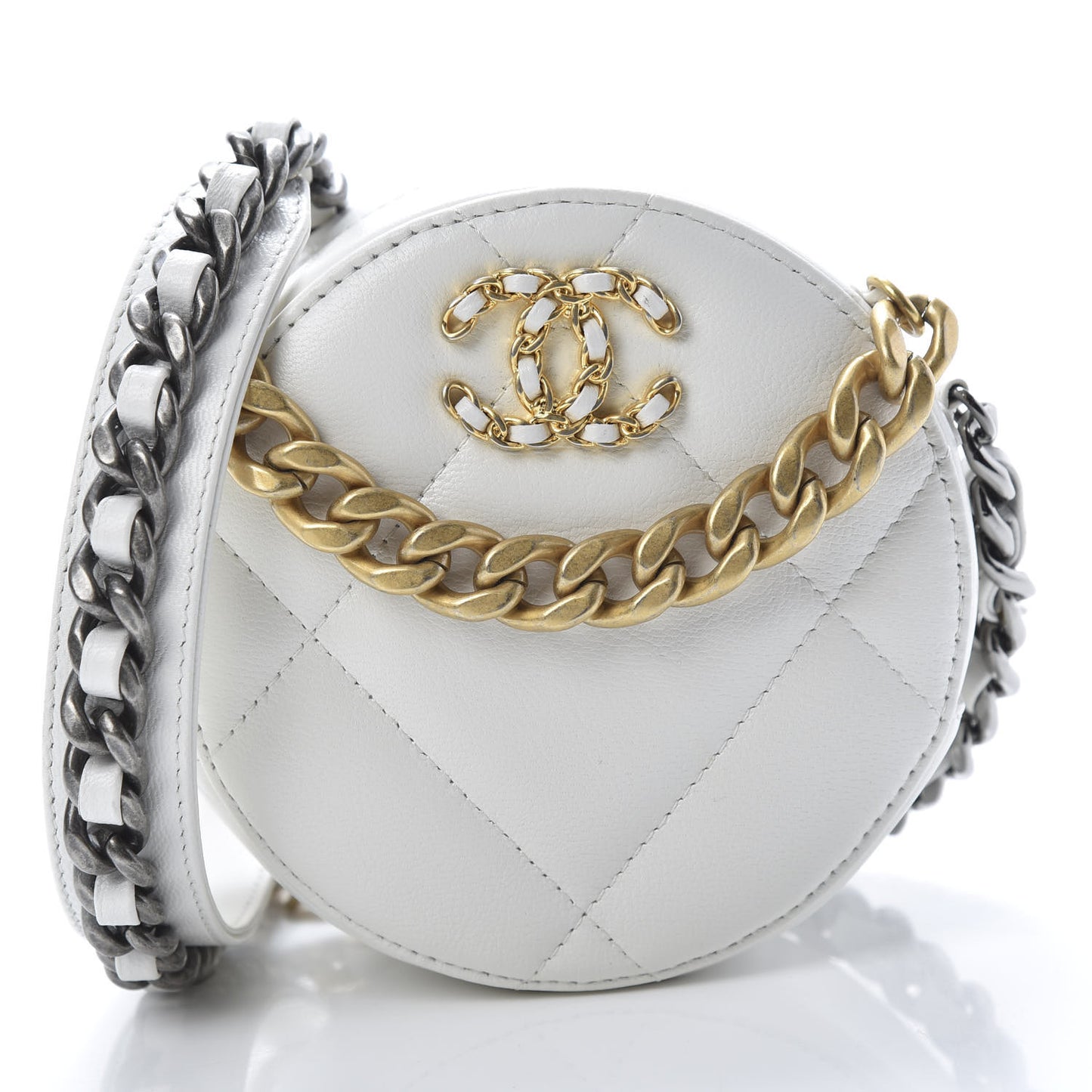 Shiny Goatskin Quilted 19 Round Clutch With Chain White