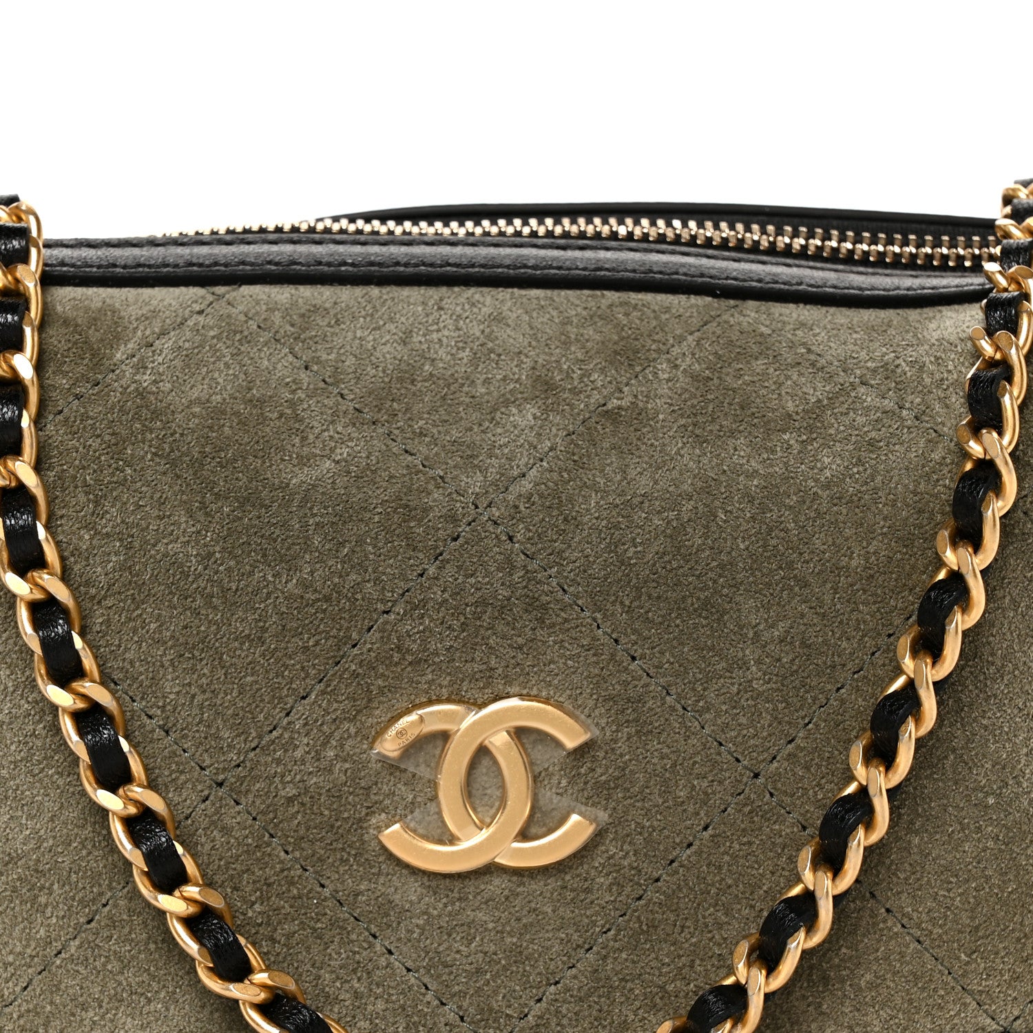 Chanel Suede Calfskin Shiny Lambskin Quilted Coco Base Hobo Clutch With Chain Khaki Black 8 of 11