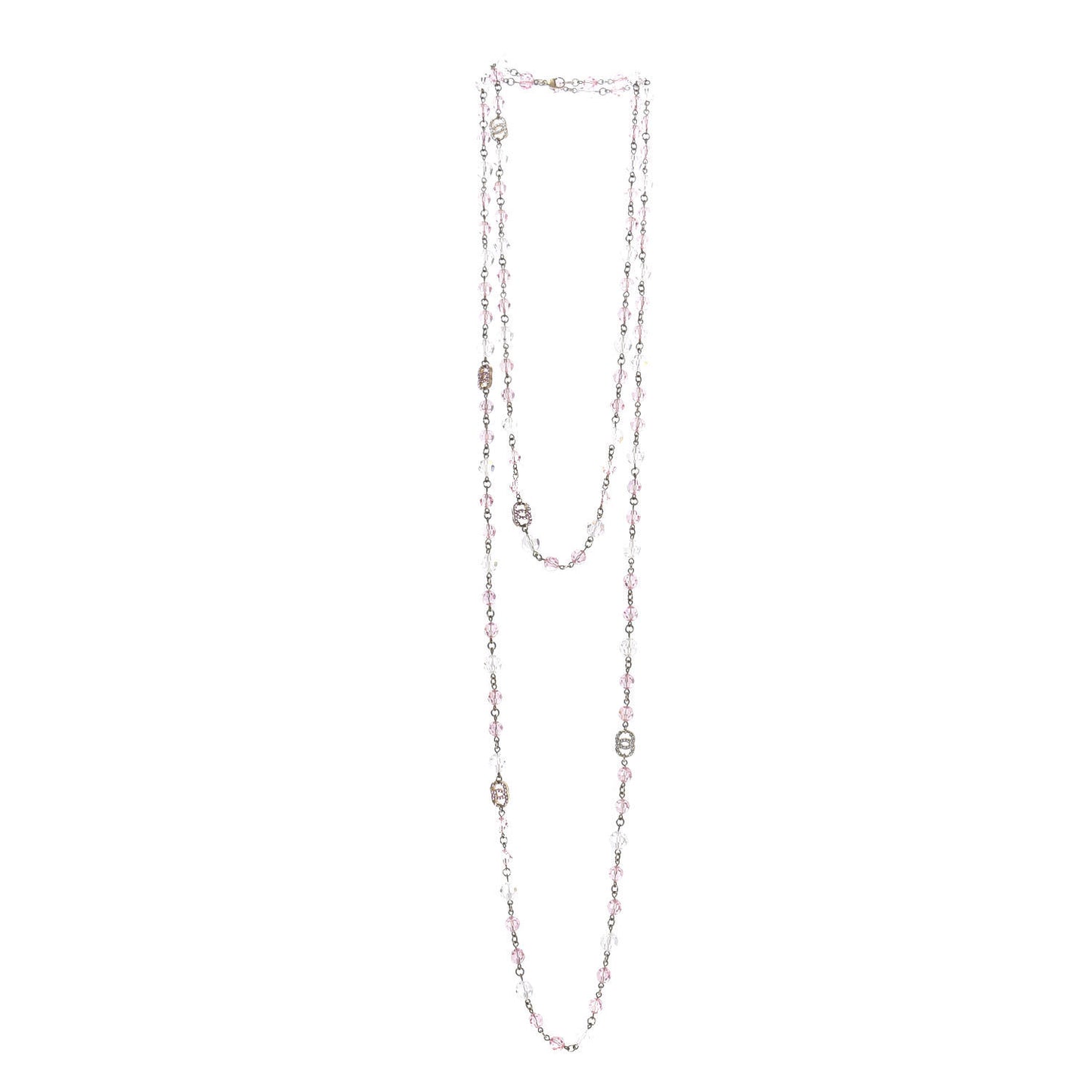 Beaded Crystal CC Long Necklace Gold Pink White