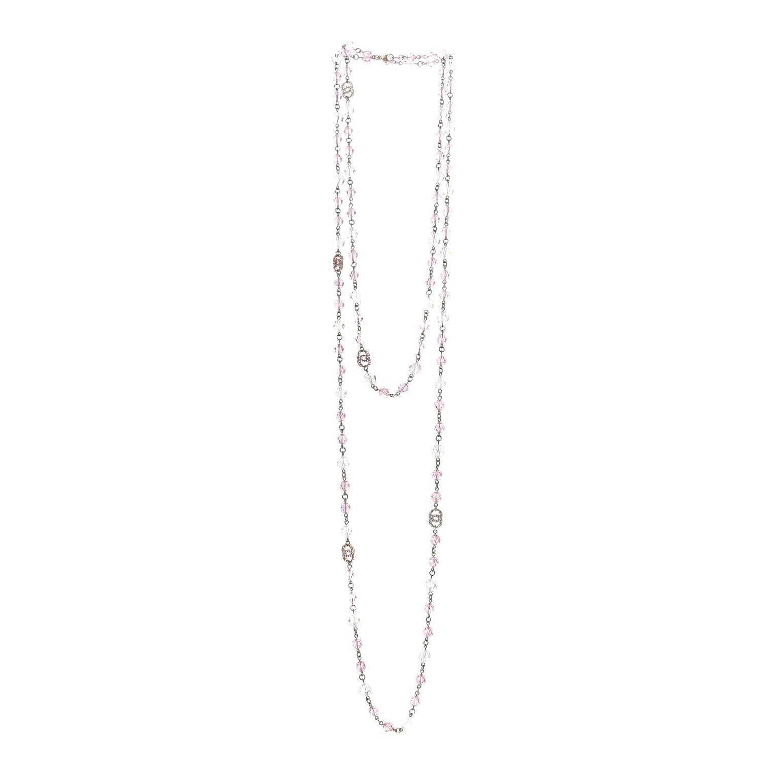 Chanel Beaded Crystal CC Long Necklace Gold Pink White 3 of 4