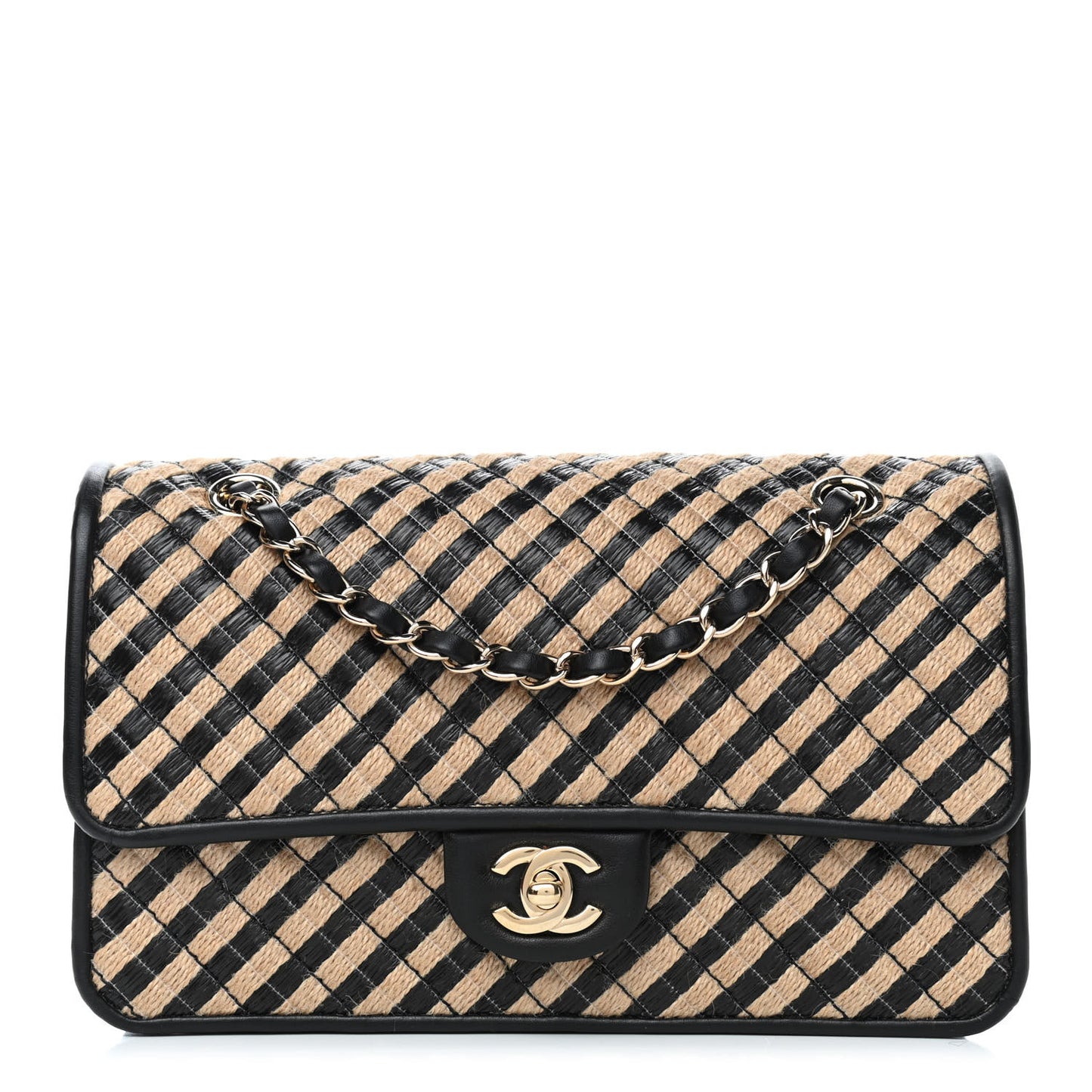 Raffia Jute Striped Medium Single Flap Black Beige