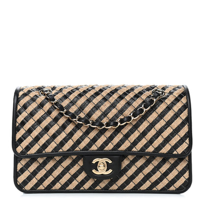 Chanel Raffia Jute Striped Medium Single Flap Black Beige 2 of 8