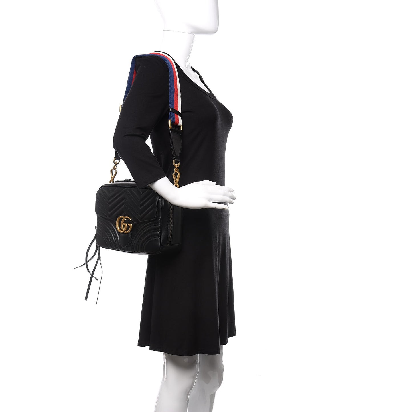 Calfskin Matelasse Sylvie Web Small GG Marmont Top Handle Shoulder Bag Black
