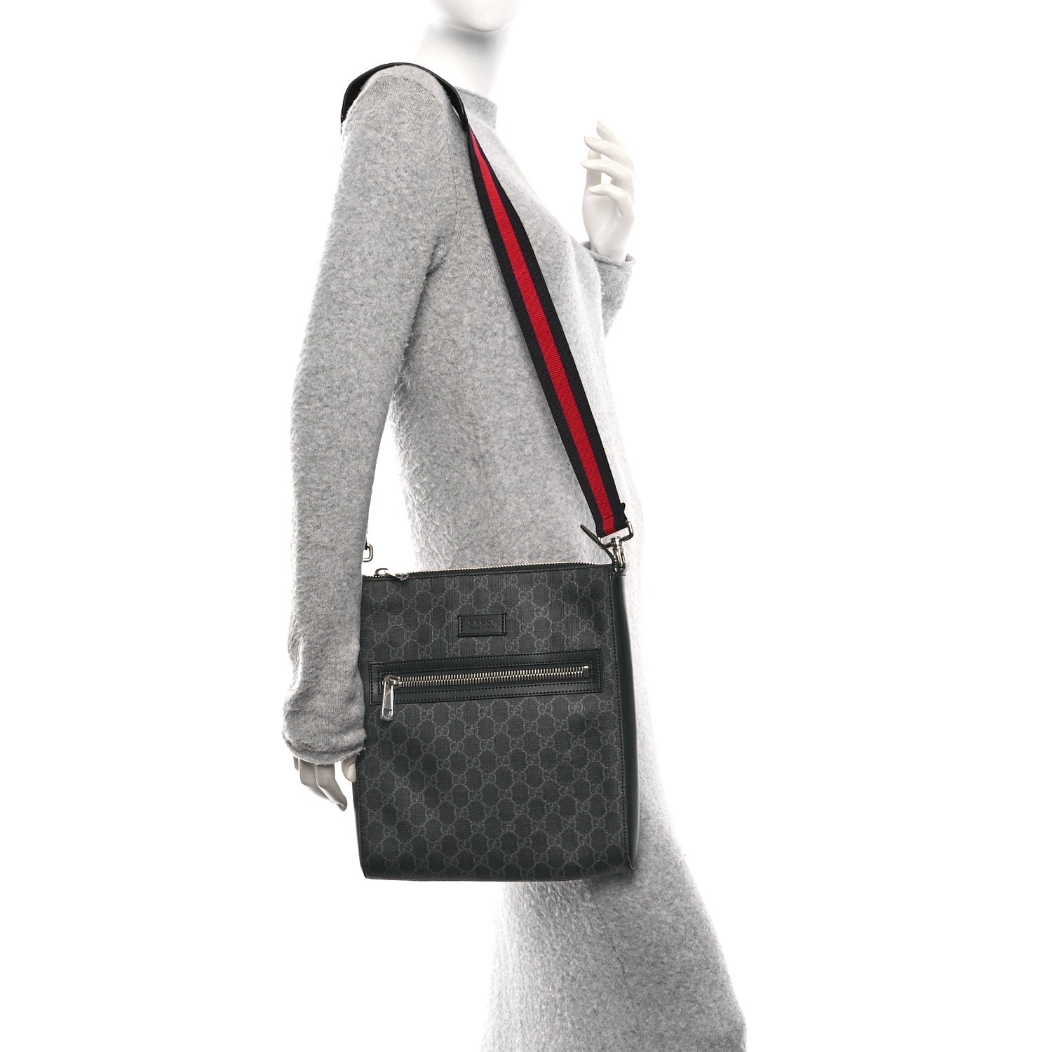 Gucci GG Supreme Monogram Appia Calfskin Web Flat Messenger Bag Black Grey Black Grey 2 of 10
