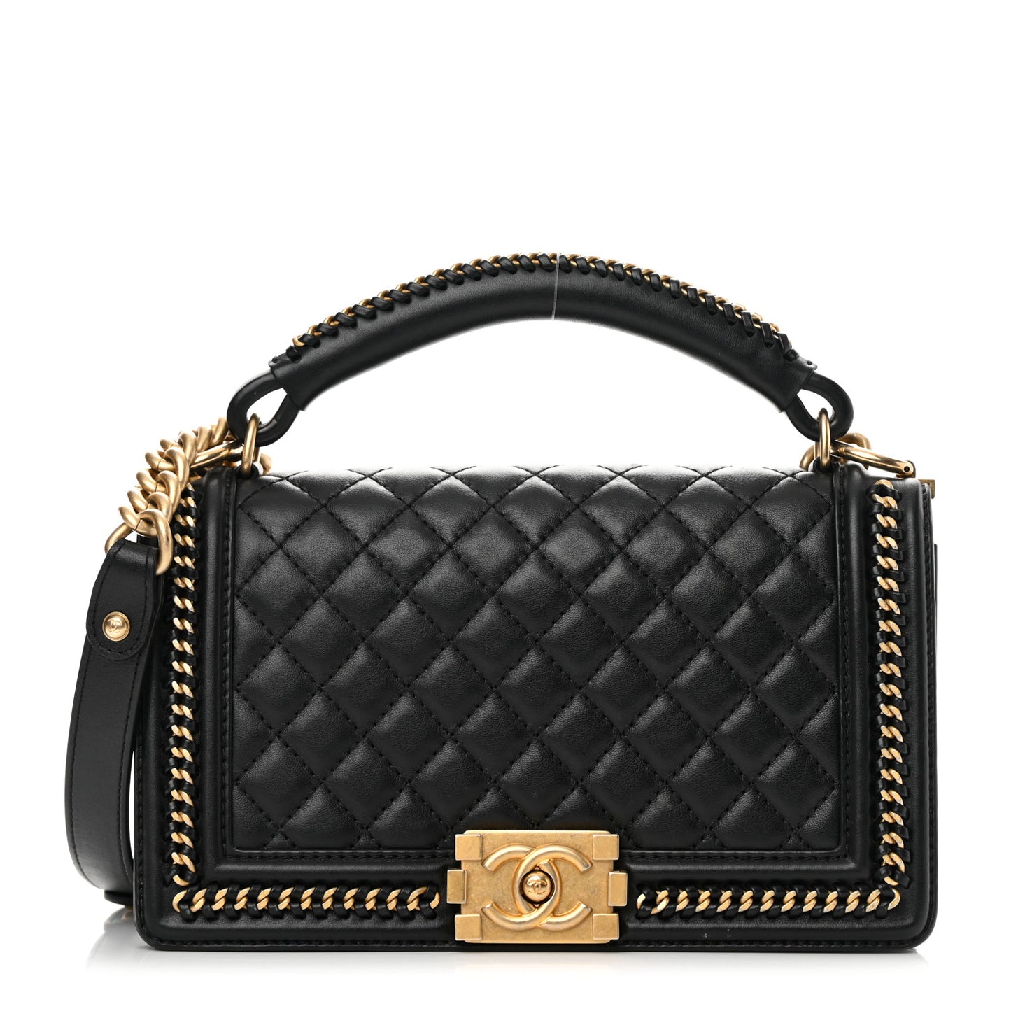 Calfskin Quilted Medium Boy Top Handle Flap Black