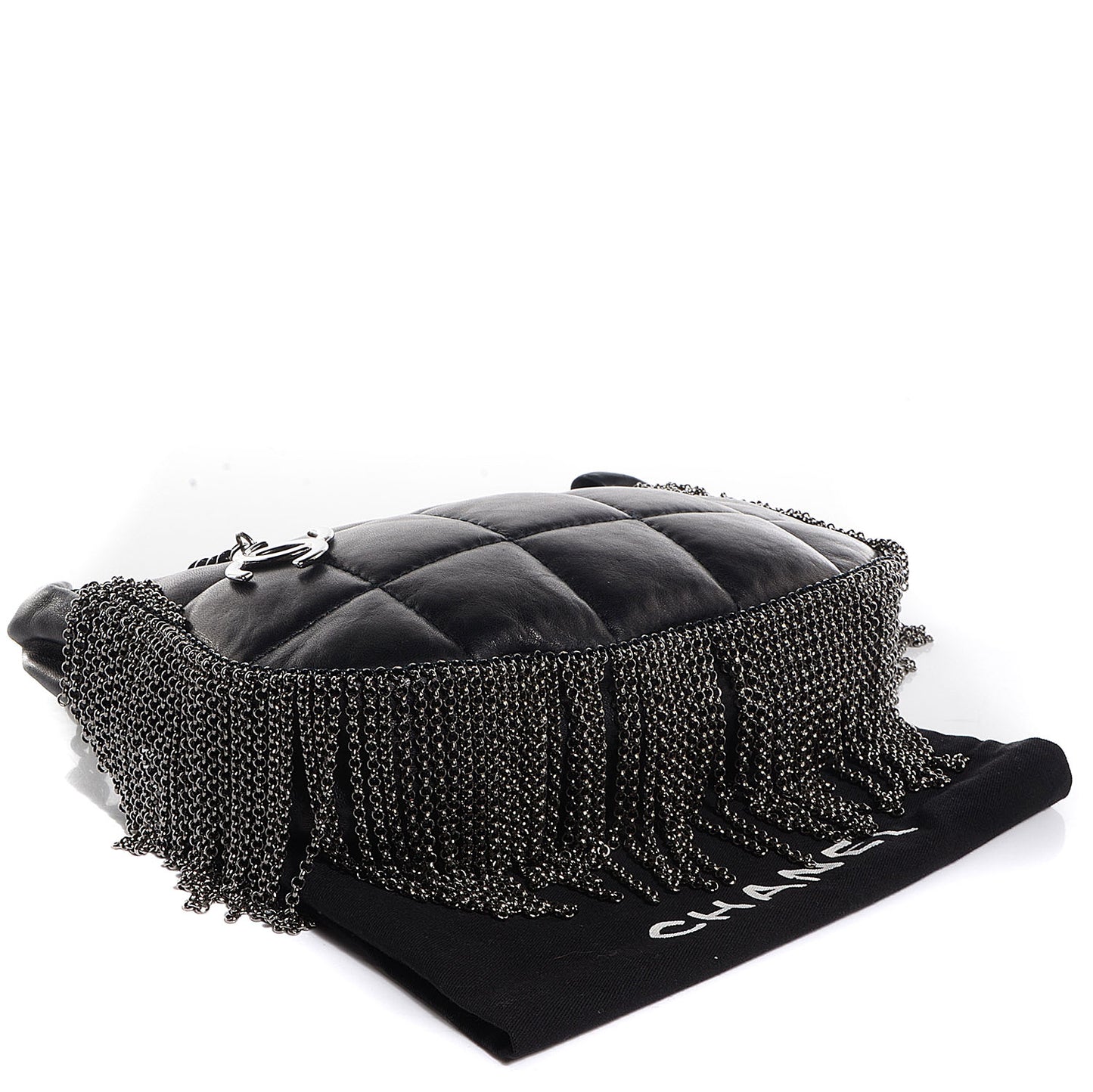 Lambskin Square Quilted Chain Fringe Pochette Black