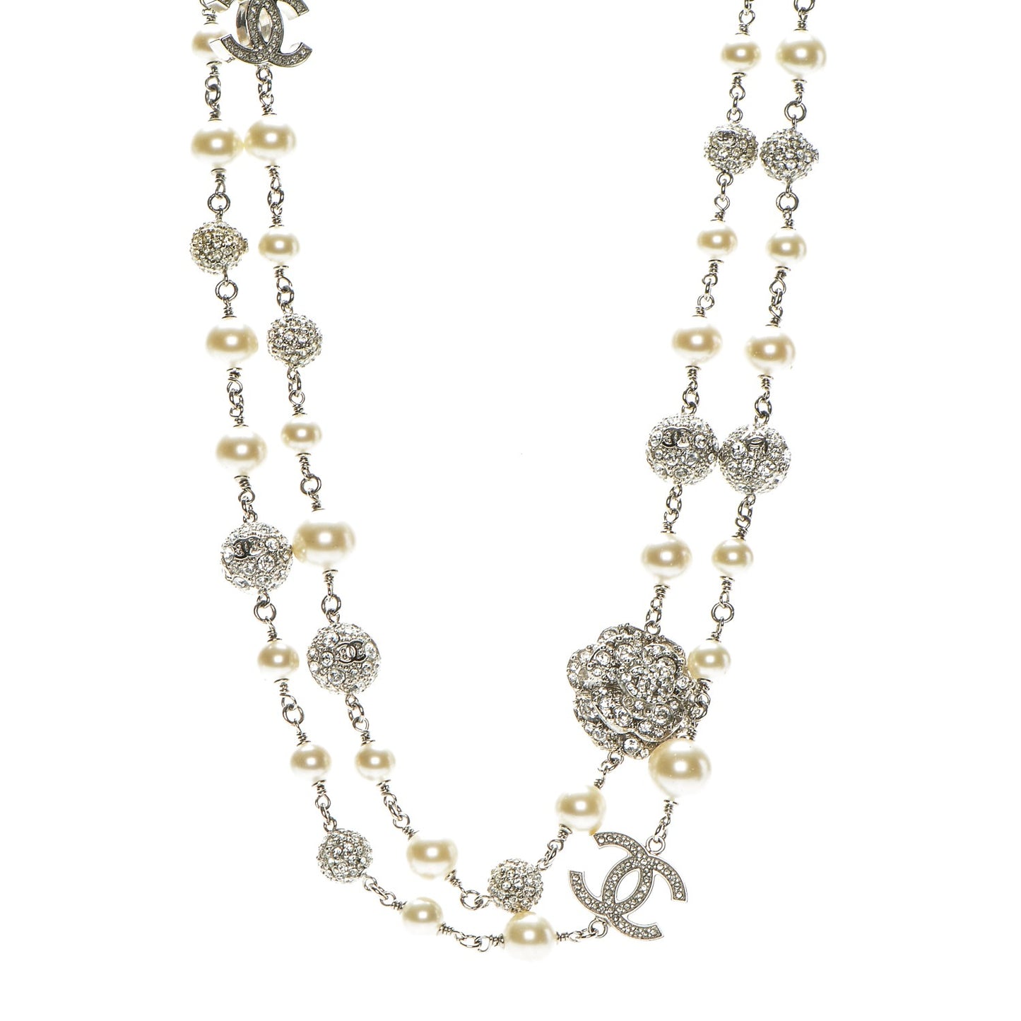Pearl Crystal Camellia CC Long Necklace Silver