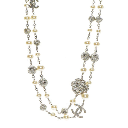 Chanel Pearl Crystal Camellia CC Long Necklace Silver 1 of 6
