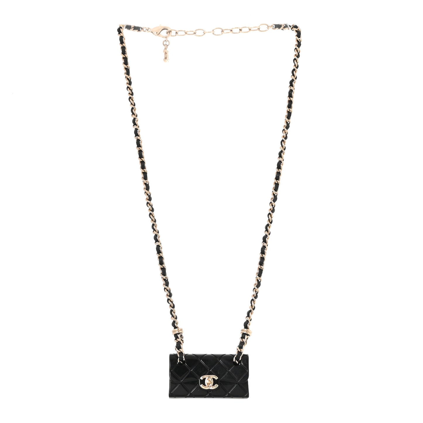 Metal Resin Calfskin Quilted CC Turnlock Chain Bag Necklace Gold Black