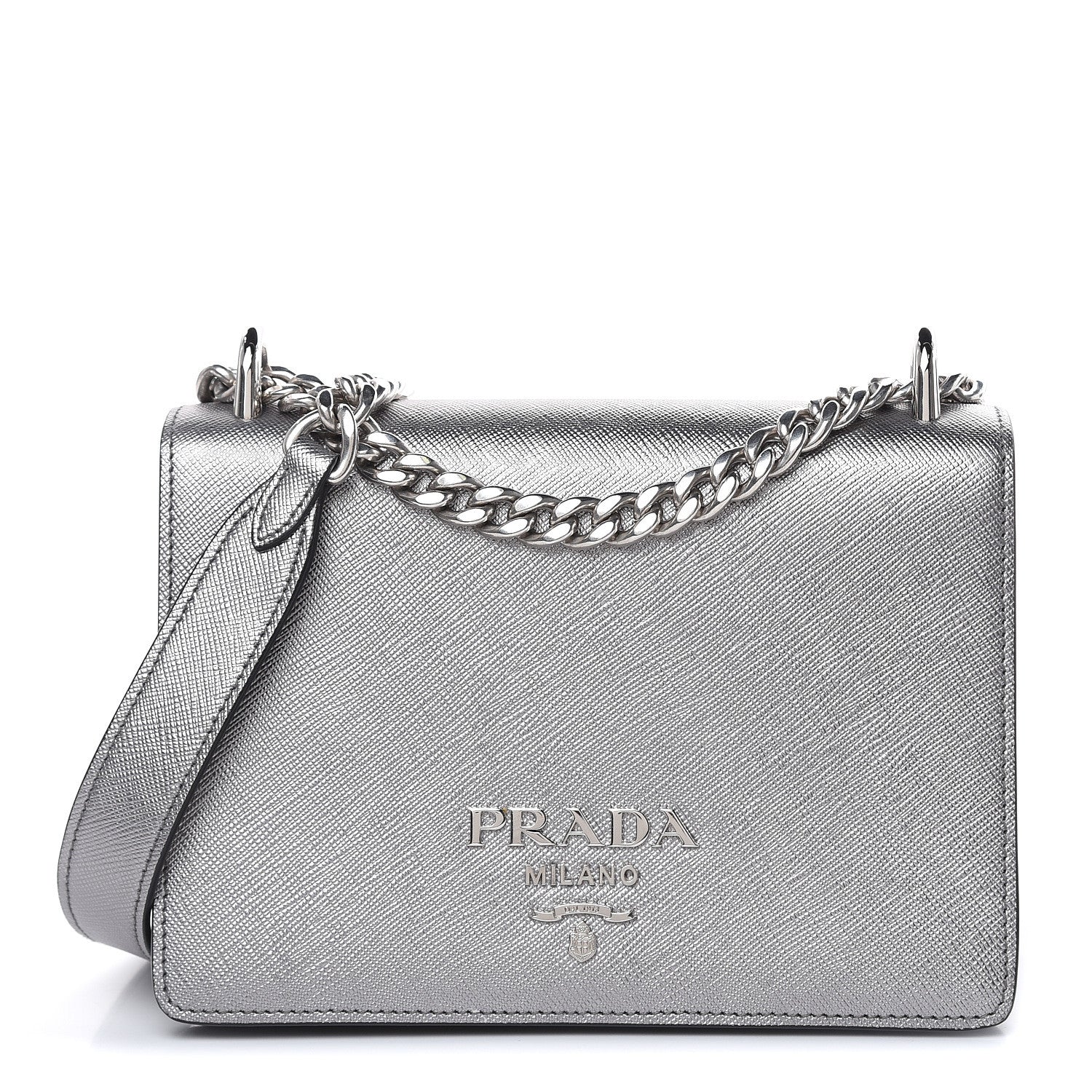 Prada Metallic Saffiano Soft Chain Shoulder Bag Silver 1 of 9