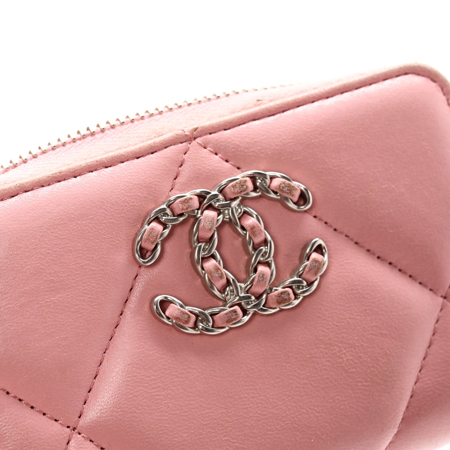 Lambskin Quilted Chanel 19 Zip Around Coin Purse Wallet Light Pink